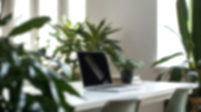Blurred modern home office workspace with laptop and green houseplants.