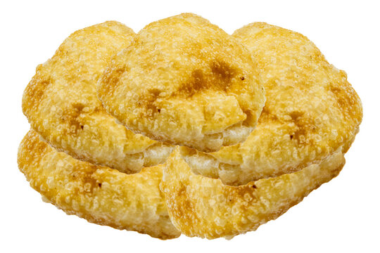 Golden fried pork rinds, crispy chicharrones isolated on a white background, cracklings