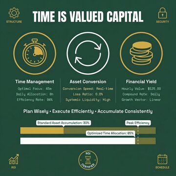 Time is valued capital infographic with stopwatch coin stack icons and efficiency performance metrics