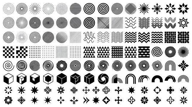 Set of abstract geometric shapes, patterns, and icons, black vector elements on a white background for design and branding