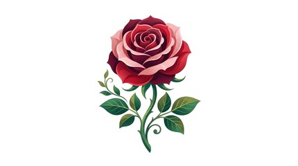 Fototapeta premium Elegant red rose illustration with green leaves on white background