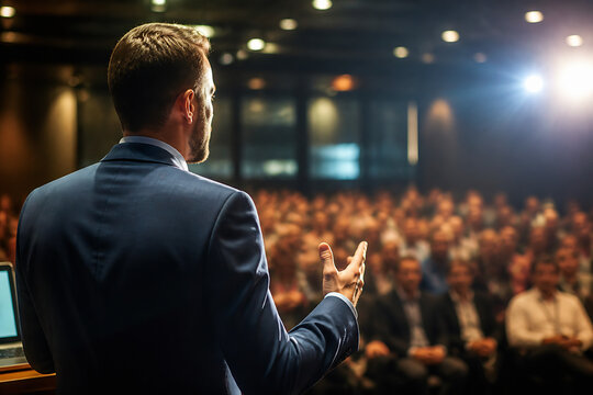 A man in a suit is giving a presentation to a large audience in a dimly lit auditorium.