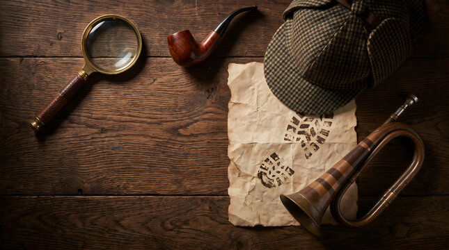 Detective tools magnifying glass deerstalker hat and old paper map