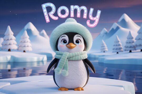 Adorable Animated Penguin Character Romy Wearing a Cozy Hat and Scarf in a Winter Wonderland