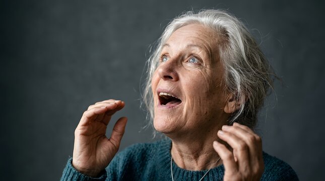 Elderly woman looking upward in surprise or contemplation.