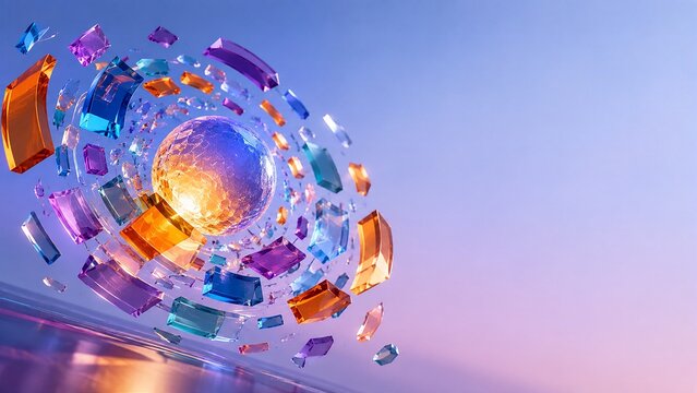 World Alzheimer's Day, Glowing crystal sphere surrounded by floating colorful glass fragments in blue, purple, orange and cyan, creating a dynamic abstract orbital composition on a soft gradient