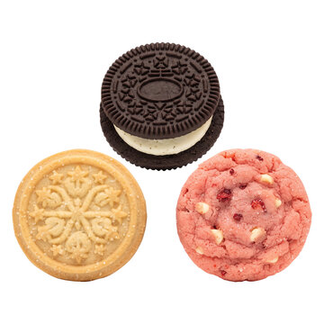 Three assorted cookies including sandwich and shortbread styles