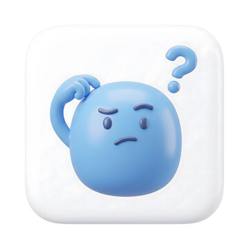 Cute 3D blue character scratching head with question mark