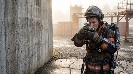 Fototapeta premium Firefighter in Exosuit Drinking Coffee at Industrial Site During Break