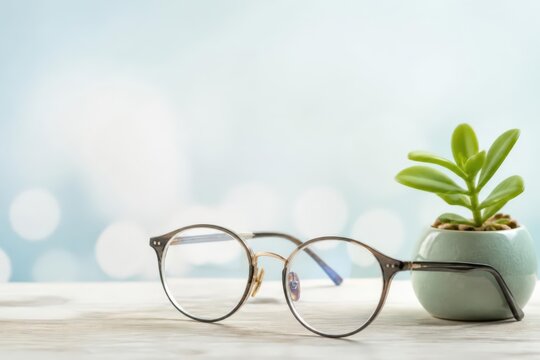Round eyeglasses on tabletop with small succulent