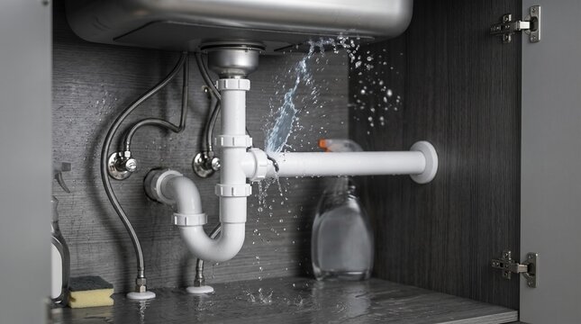 Leaking drain pipe under a kitchen sink with water spraying inside the cabinet.