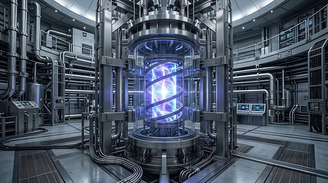 Nuclear fusion reactor core glows with plasma energy inside a futuristic research facility.