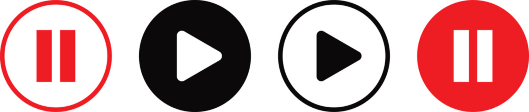Set of round play and pause media control buttons with red and black minimal vector icons isolated on a white background