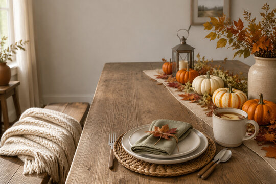 Fall dining table place setting with pumpkins, maple leaves, knit throw blanket and ceramic cider mug, autumn concept