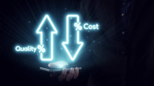 A dynamic image illustrating the correlation between increasing quality and decreasing costs in business. It showcases a glowing mouse held in hand, symbolizing technology-driven solutions. Qubit