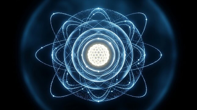 Atomic structure model displays glowing orbital rings surrounding a bright central subatomic core.