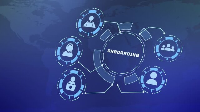 Employee onboarding concept with connected workforce icons, orientation process, team integration and digital HR interface animation.