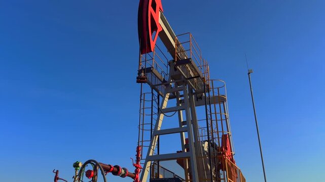 Oil extraction in oil field. Extraction of petroleum. Crude Oil Production. Crude pump jack working on oil field. Crude Pumpjack. Industrial petroleum industry.