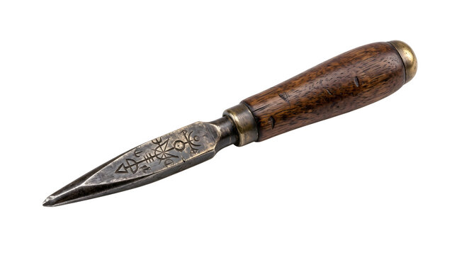 Mystical dagger with engraved runes and wooden handle used for ritual ceremonies and ancient spiritual protection rites.