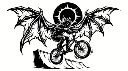 Fototapeta premium Bmx rider with large bat wings performing an extreme jump