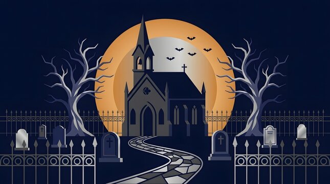 Spooky Halloween Graveyard Vector Background With Gothic Church Full Moon And Bare Trees
