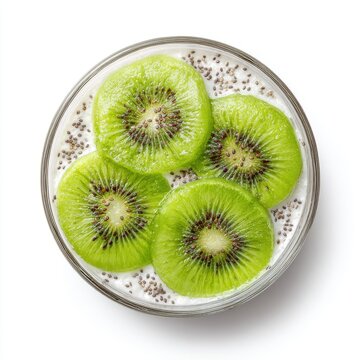 Yogurt dessert cup with kiwi slices and chia seeds isolated on a white background