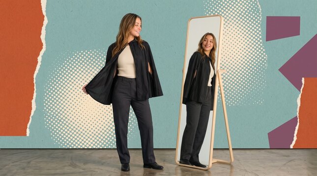 Caucasian woman posing beside full length mirror in black outfit against geometric collage backdrop