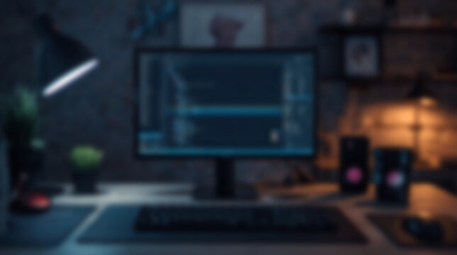 Blurred computer monitor displaying software code on a dark desk at night.