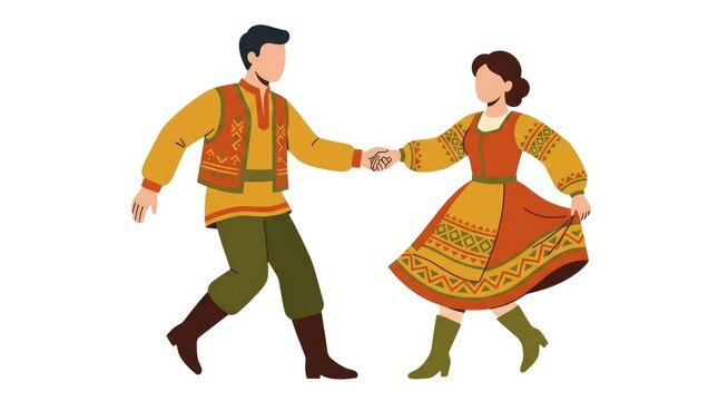 Traditional Folk Dance Couple in Slavic Ethnic Costumes Illustration