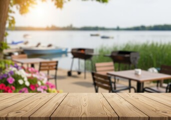 Fototapeta premium Outdoor Lakeside Dining Area with Grills and Boats.