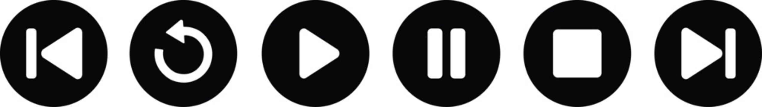 Set of black circular media player control icons including play pause stop and navigation buttons