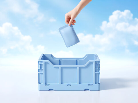 Hand placing a blue pouch into a plastic storage crate against a blue sky background.