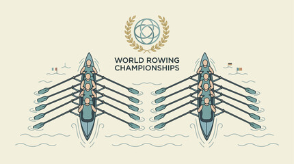World Rowing Championships flat vector illustration of two racing rowing boats with oars. © little