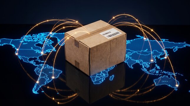 Cardboard shipping box sits atop a glowing blue world map interface featuring bright digital arc lines connecting various global destinations representing international freight delivery