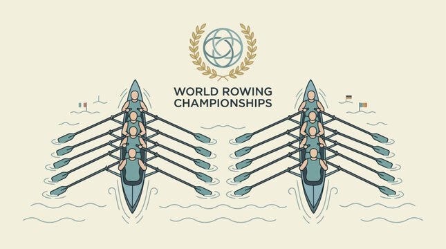 World Rowing Championships flat vector illustration of two racing rowing boats with oars.