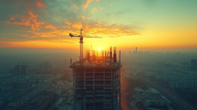 A crane atop a skyscraper under construction during a brilliant golden sunset