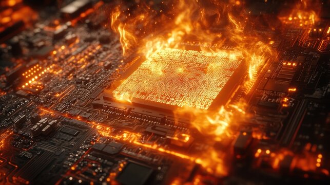 A computer circuit board central processor unit engulfed in bright orange flames