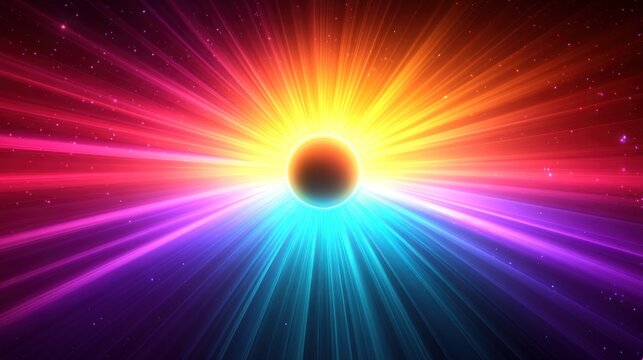 A dark circular silhouette centered against a burst of vibrant rainbow light rays