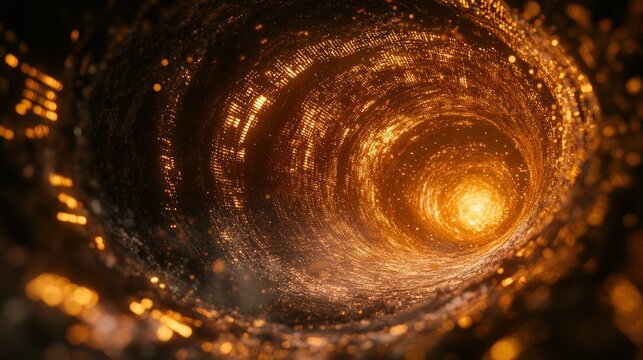A deep, glowing golden vortex tunnel swirling with particles and bright light