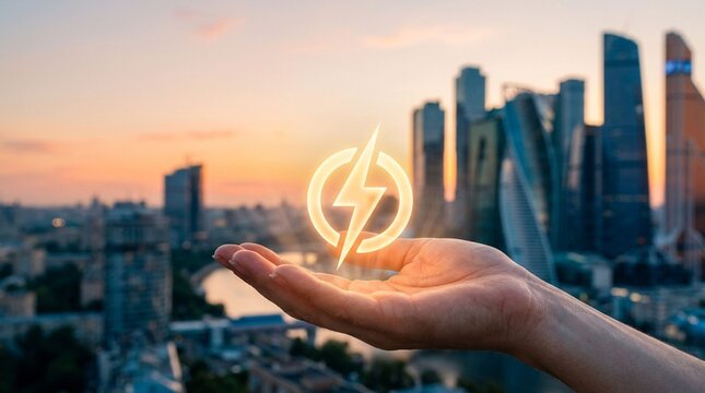 Human hand presenting luminous electric lightning bolt icon over city skyline, representing clean energy and futuristic urban power
