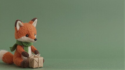 Naklejka premium Knitted fox in green scarf sits beside small wrapped gift on soft green background.
