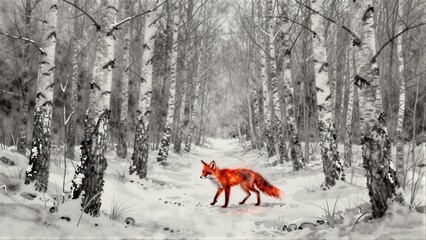 Naklejka premium Red fox wanders snowy birch forest path, serene winter landscape.