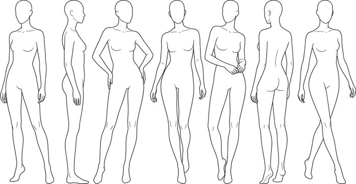 Female fashion croquis body templates set in standing walking front side and back poses line art.