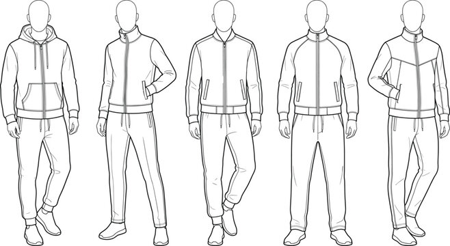Men tracksuit tech pack mockup vector set featuring hoodies jackets and sweatpants line art.
