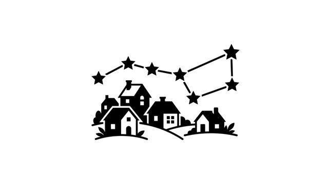 Village houses silhouette under Big Dipper constellation.