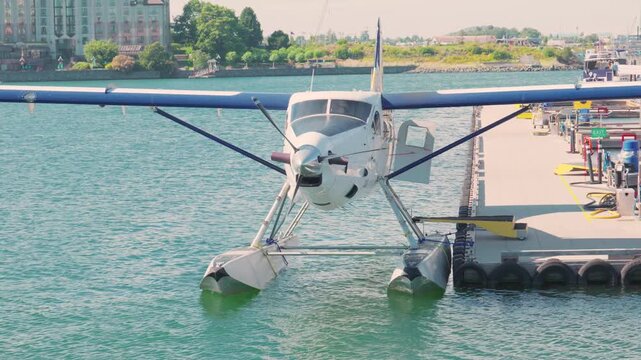 Victoria, BC, Canada: August 18, 2026 - Harbour Air floatplane seaplane docked at terminal in Victoria Inner Harbour