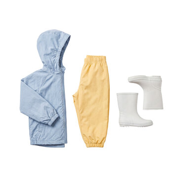 Light blue waterproof rain jacket with hood, bright yellow pants, and white rubber rain boots.