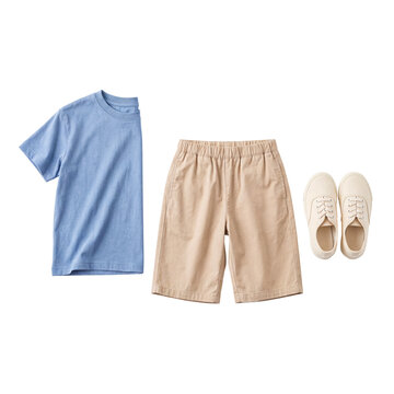 Stylish children's casual wear flat lay featuring a light blue t-shirt, khaki shorts, and beige canvas sneakers.