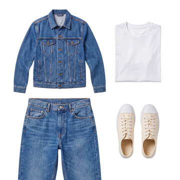 Classic men's casual denim ensemble, featuring a stylish jacket, comfortable t-shirt.
