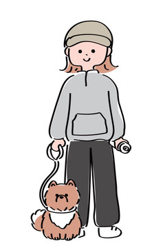 ポメラニアンの散歩をする手書きのかわいい女性イラスト